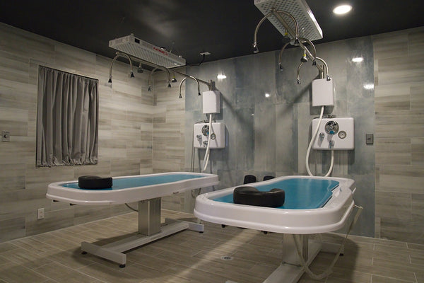 Wet room with two hydrotherapy treatment tables and overhead Vichy showers