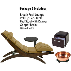 Pedicure lounge packages with lounge, table, stool, pedi bowl and dolly